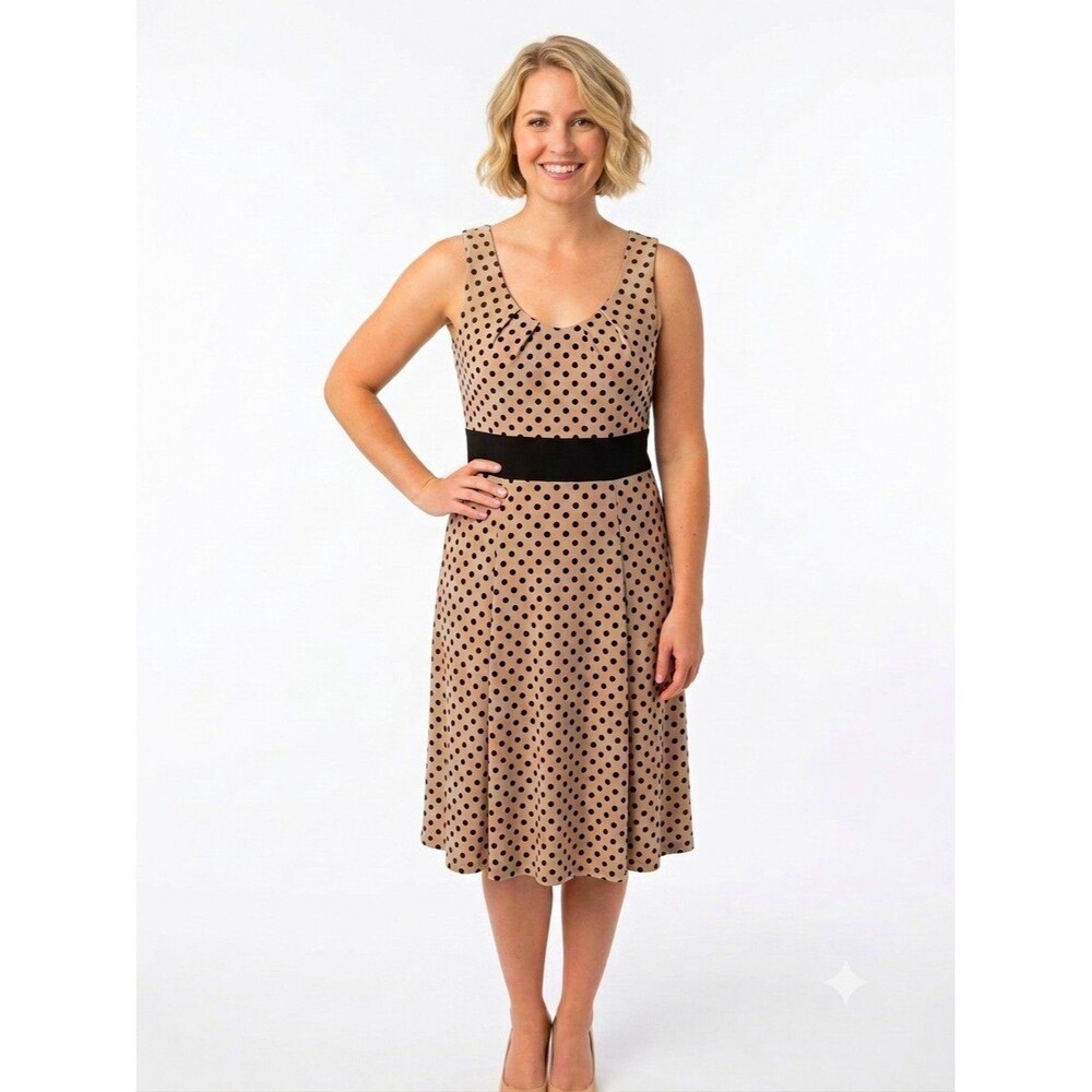 Perceptions New York Dress Womens 10 Beige Black Polka Dot fit flare pleat neck